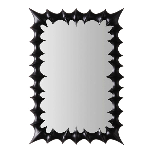 Black spiked mirror with glossy finish and scalloped edges, featuring a modern design for stylish decor.
