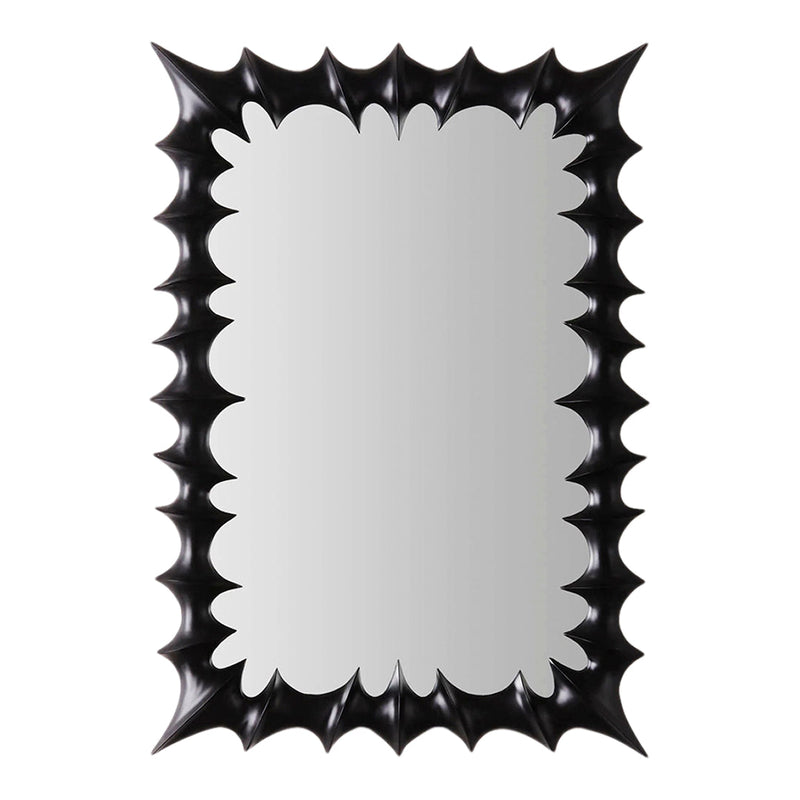 Black spiked mirror with glossy finish and scalloped edges, featuring a modern design for stylish decor.