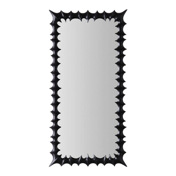 Black spiked frame mirror with a glossy finish, reflecting a modern and bold design. Perfect for stylish decor.