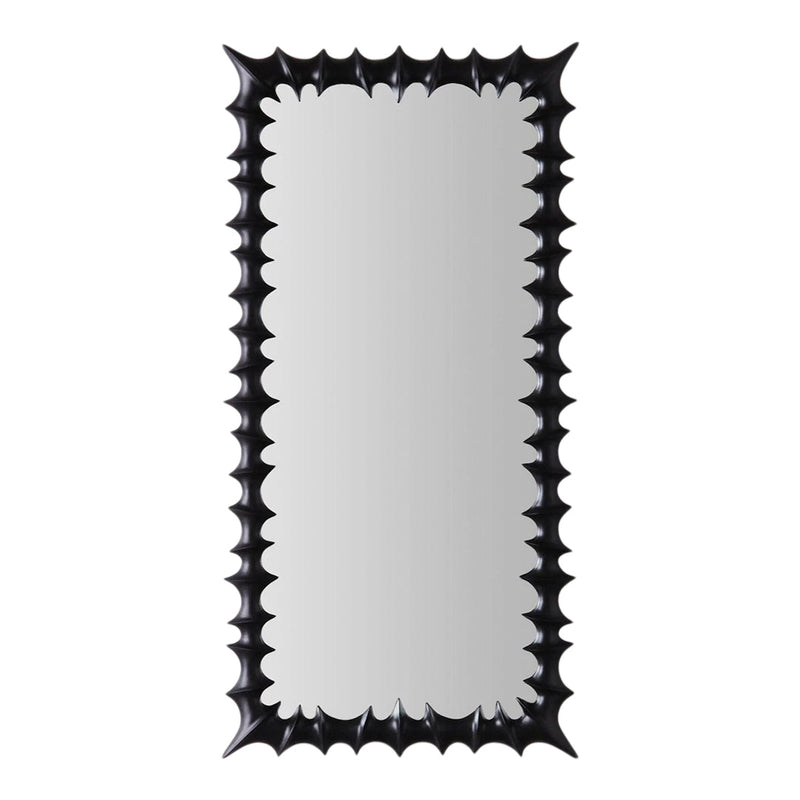 Black spiked frame mirror with a glossy finish, reflecting a modern and bold design. Perfect for stylish decor.