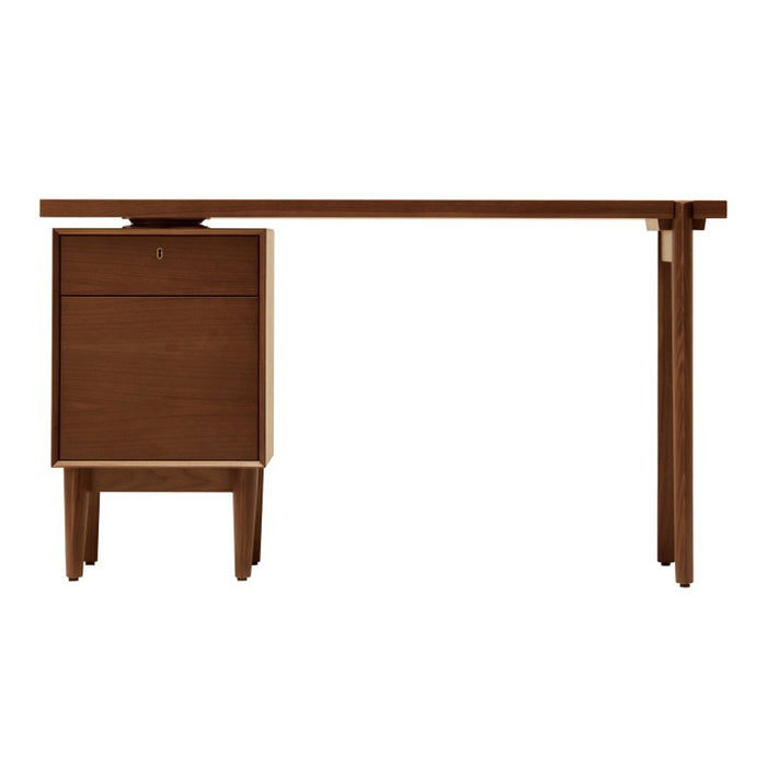 "Minimalist brown wooden desk with a smooth finish and a single drawer, highlighting natural wood grain patterns."