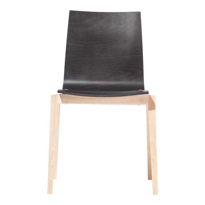 Modern black wooden chair with smooth, sleek design and light wooden legs. Minimalist style, versatile for any decor.
