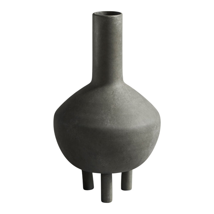 Matte black ceramic vase with a rounded body and slender neck, featuring a minimalist design and four short legs.