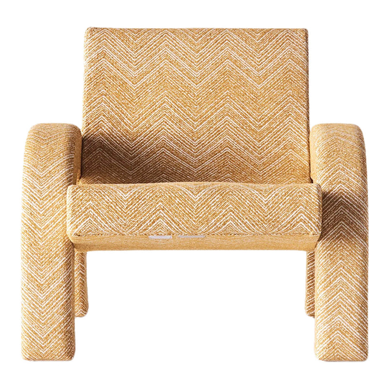 Yellow zigzag patterned chair with a textured finish and rounded arms, perfect for modern decor.