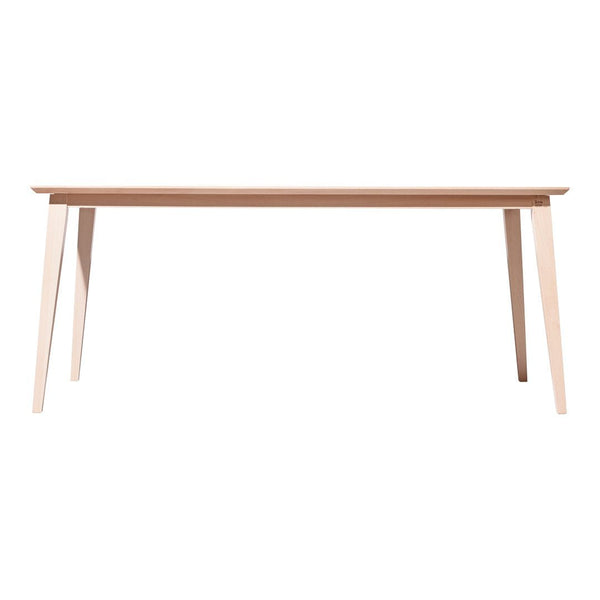 Light wood dining table with smooth, natural finish and simple, clean lines, ideal for modern decor.