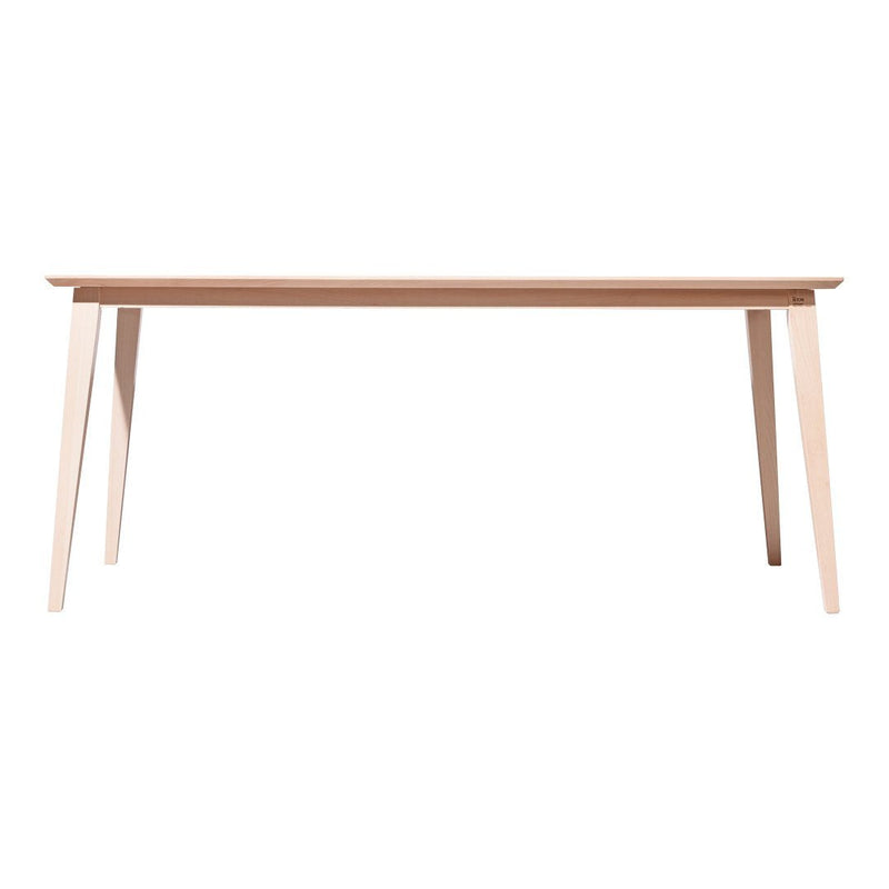 Light wood dining table with smooth, natural finish and simple, clean lines, ideal for modern decor.