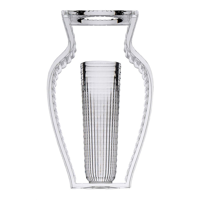 Clear glass vase with intricate ribbed pattern and elegant silhouette, perfect for modern decor.