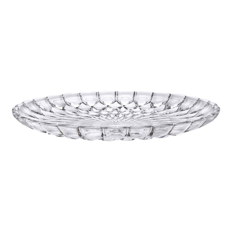 Clear crystal serving platter with intricate geometric patterns and a smooth, polished finish. Perfect for elegant dining.