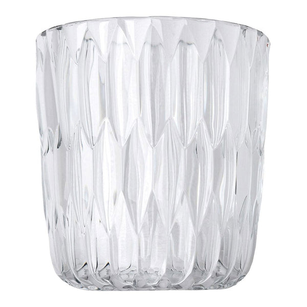 Crystal glass tumbler with a faceted pattern and clear design, reflecting light beautifully. Ideal for elegant table settings.