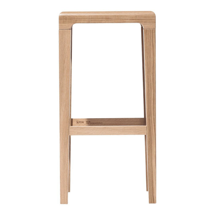 Natural wood bar stool with a minimalist design featuring a light oak finish and smooth, clean lines.