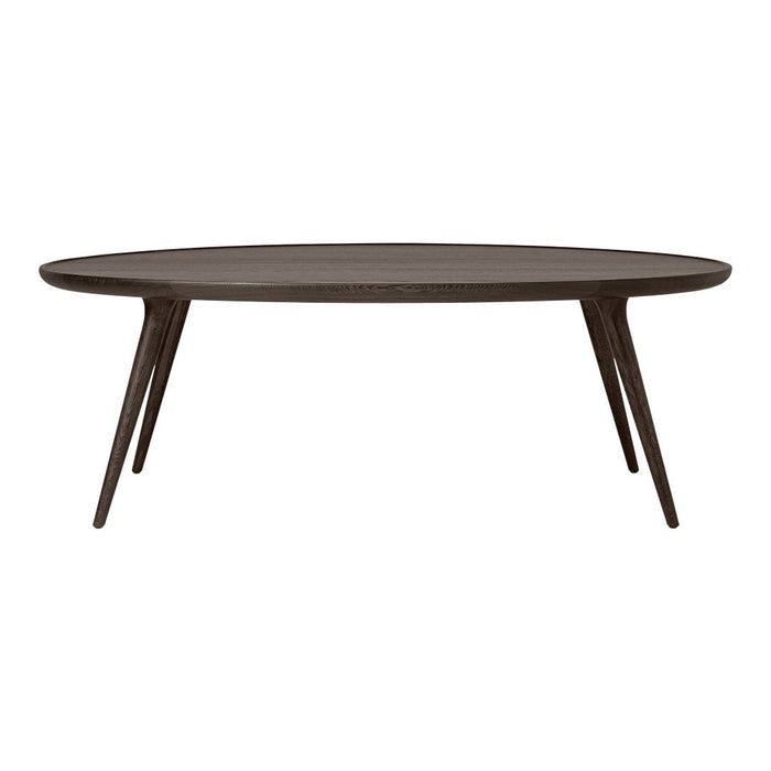 Dark brown oval coffee table with clean lines and tapered wooden legs, enhancing modern decor with a minimalist pattern.