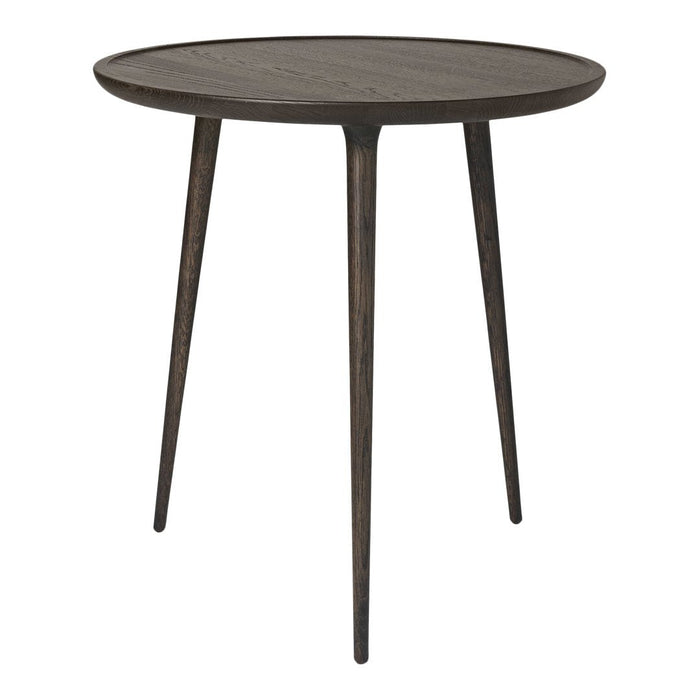 Dark wood round side table with three tapered legs, featuring a smooth, minimalist surface. Ideal for modern decor.