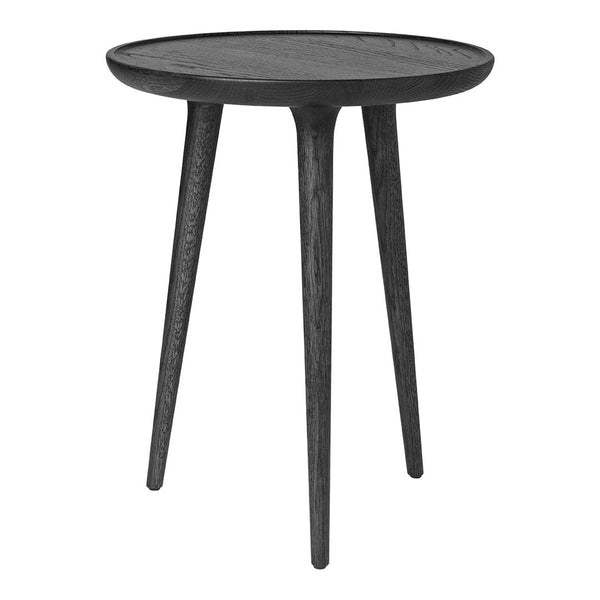 Black circular side table with sleek, minimalist design and natural wood grain texture, supported by three tapered legs.