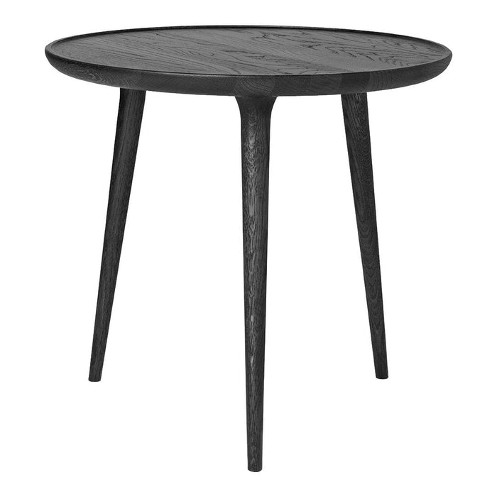 Round black side table with a textured surface and tapered legs, adding a modern touch to any space.