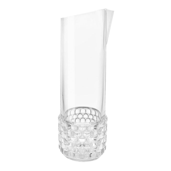 Clear glass pitcher with a textured honeycomb pattern at the base, sleek and modern design.