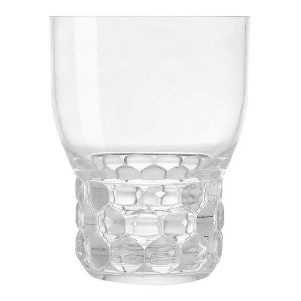 Clear glass tumbler with a textured, honeycomb-patterned base, elegantly showcasing simplicity and style.