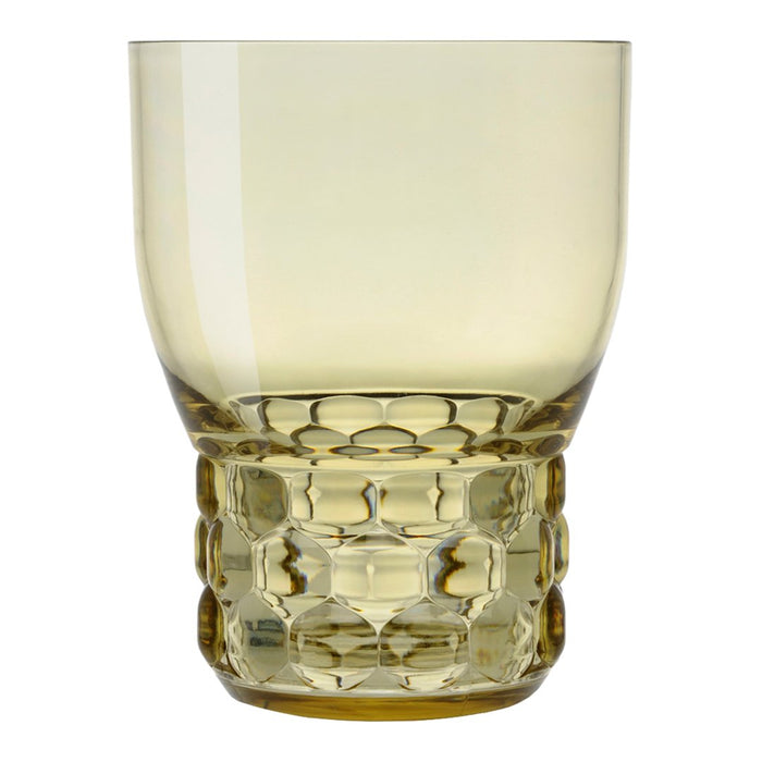 Yellow tinted glass tumbler with a textured, bubble pattern on the base. Ideal for vibrant table settings.