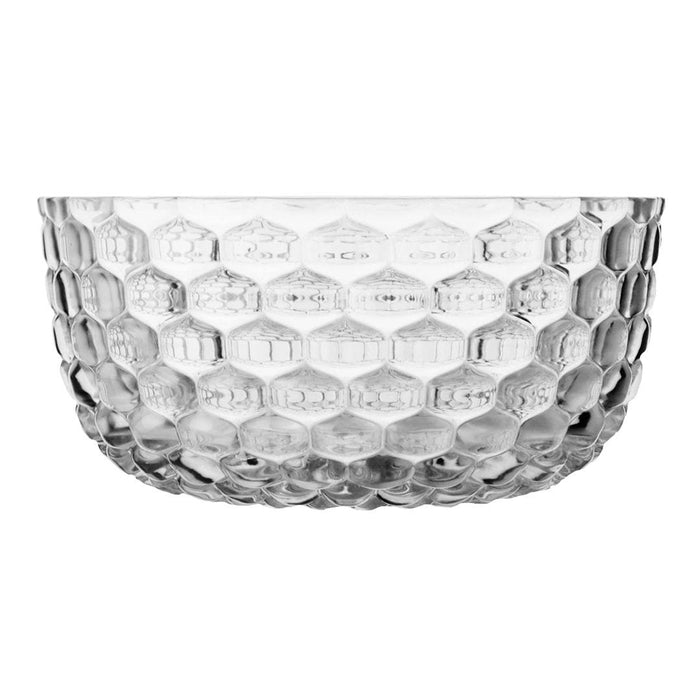 Clear glass bowl with a textured honeycomb pattern, showcasing a modern and elegant design.