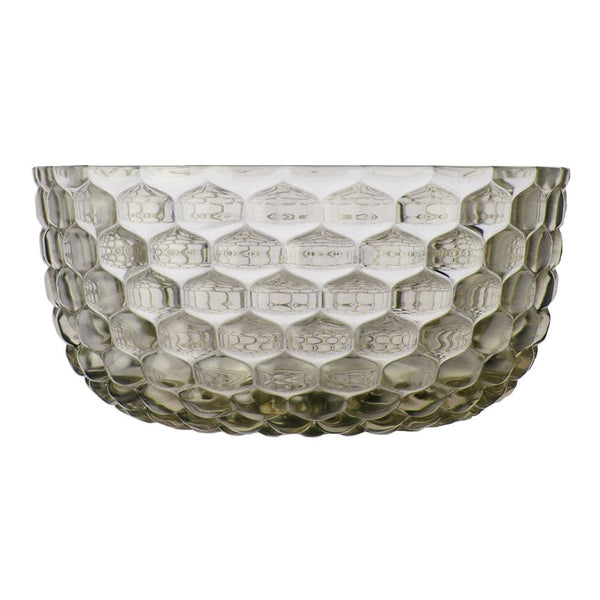 Hexagonal-patterned glass bowl in a smoky green hue, showcasing a unique textured design.