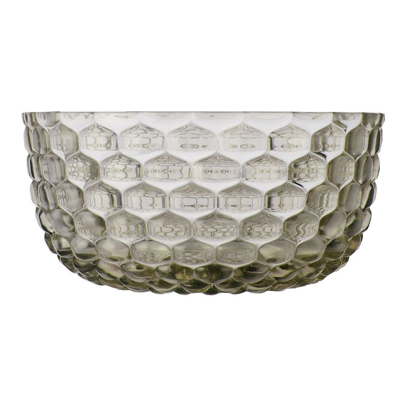 Hexagonal-patterned glass bowl in a smoky green hue, showcasing a unique textured design.