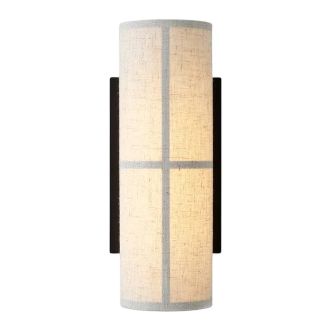 Beige and white fabric wall sconce with a modern grid pattern and black accents. Perfect for contemporary decor.