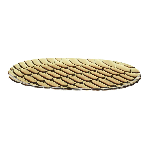 Oven-shaped serving platter featuring a sleek yellow and cream wave pattern on a white background.