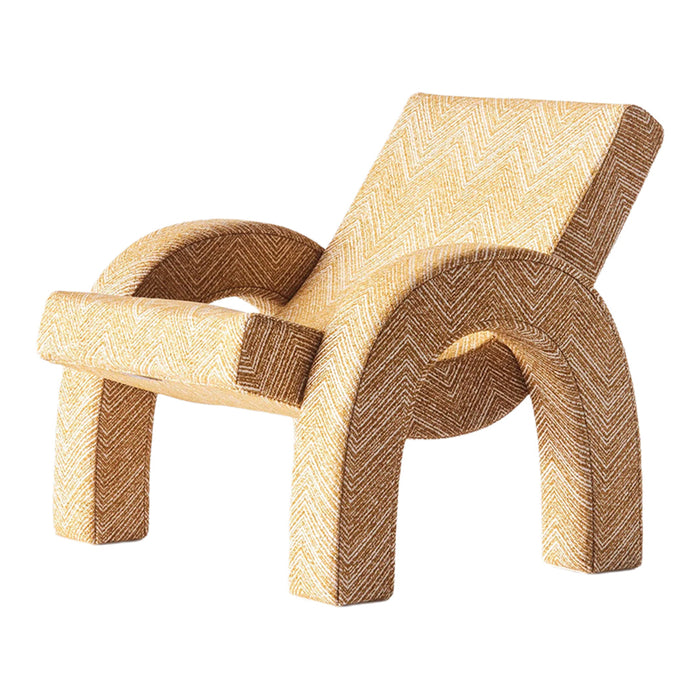 Textured yellow and cream herringbone-patterned chair with curved arms, perfect for stylish seating.