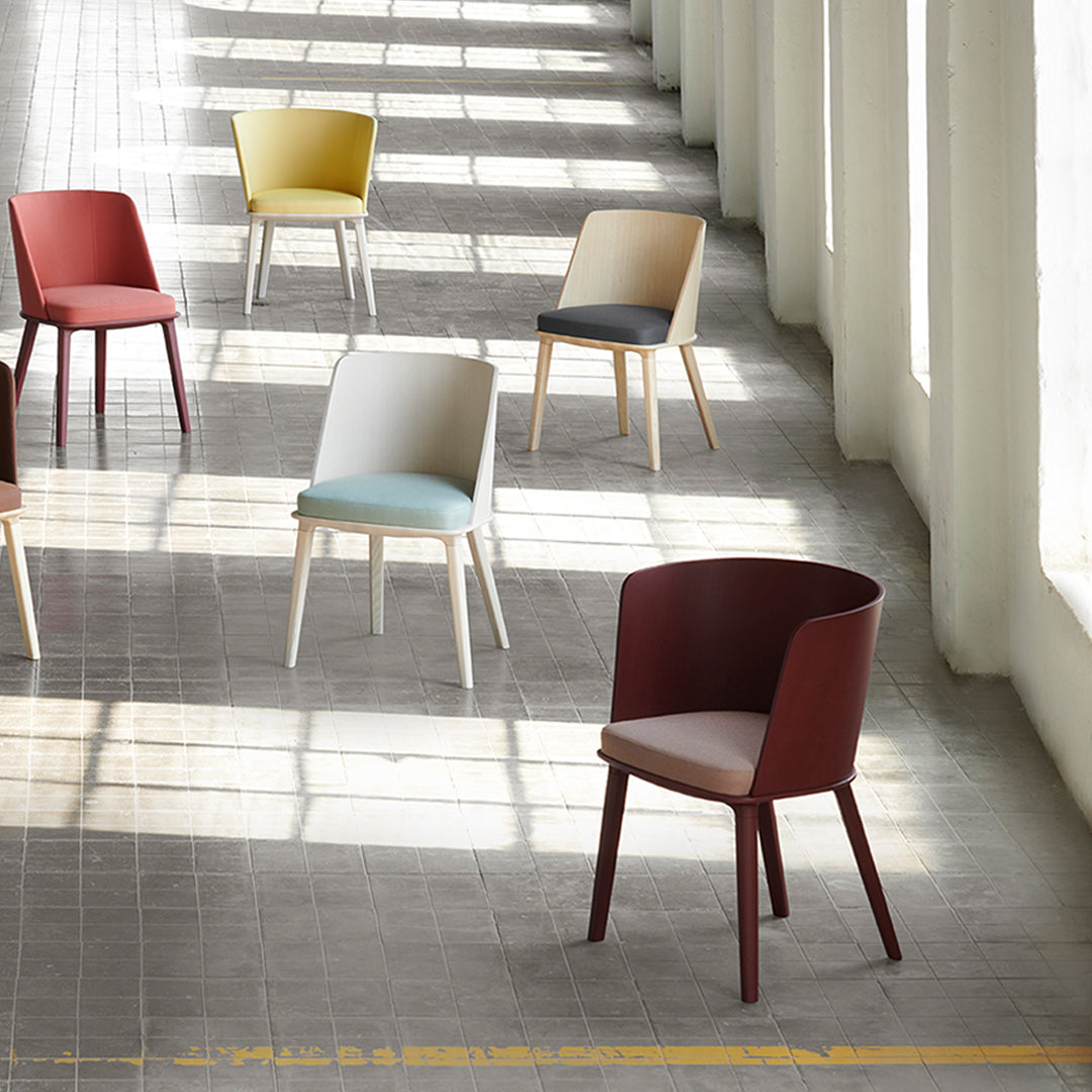 Colorful modern chairs in red, yellow, beige, grey, and blue arranged in a bright, minimalist space.