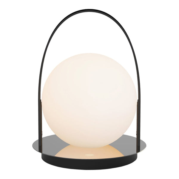 Modern black table lamp with a frosted white globe and sleek circular base, featuring a minimalist design.