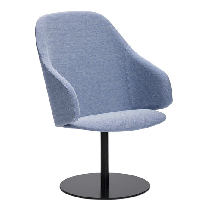 Light blue upholstered chair with smooth curves and a sleek black base. Ideal for modern decor.