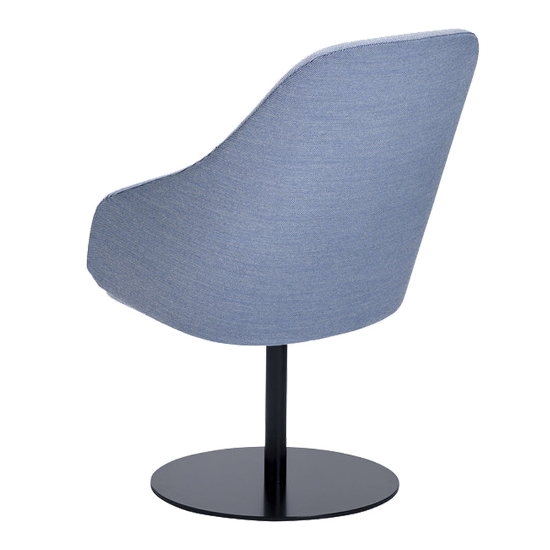Light blue upholstered chair with a smooth texture and sleek black metal base. Perfect for modern interiors.