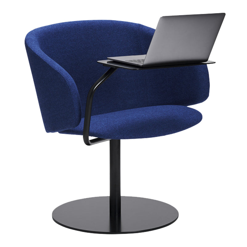 Cozy blue upholstered chair with a sleek black metal base and armrest, perfect for modern workspaces.