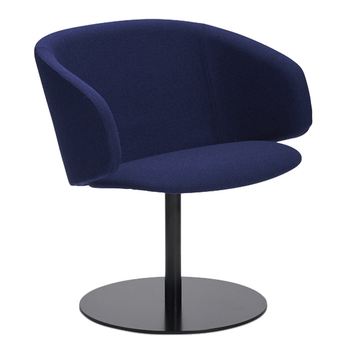 Navy blue upholstered chair with a curved design and a sleek black circular base.