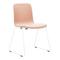Blush pink chair with a smooth finish and white metal legs, perfect for modern decor.