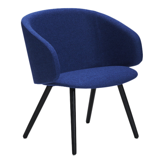Navy blue upholstered chair with smooth curves and black wooden legs for a modern look. Perfect for any space.