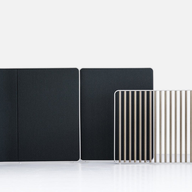 Black acoustic panels with smooth textures and light wooden slatted design for a modern aesthetic.