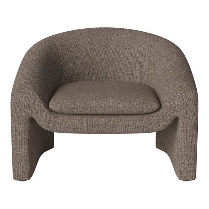 Brown textured accent chair with a minimalist design and soft, curved lines. Perfect for modern decor.