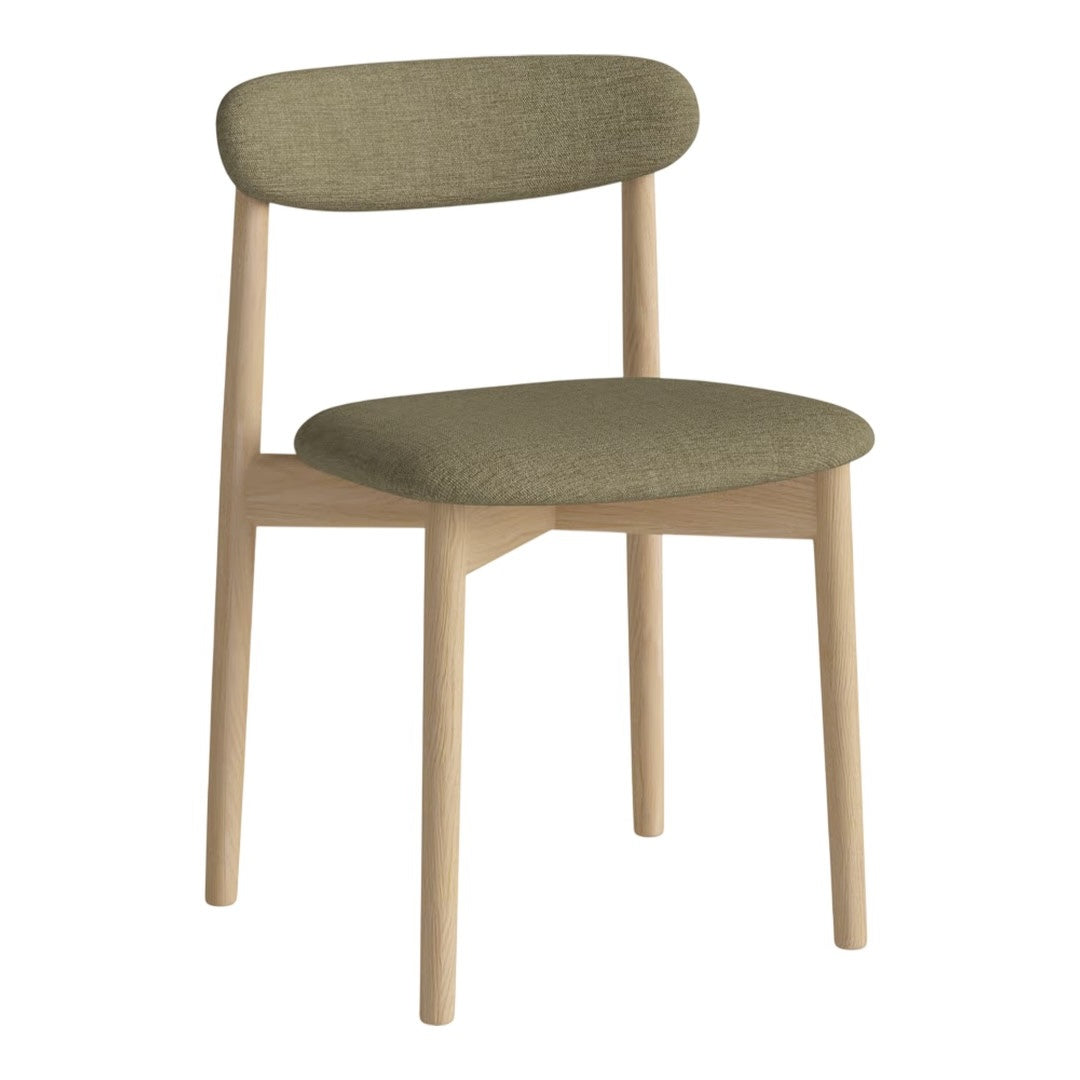 Olive green upholstered chair with a natural wood frame, featuring a minimalist design and soft texture.