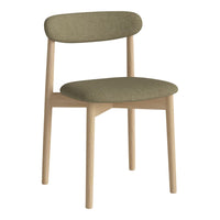 Olive green upholstered chair with a natural wood frame, featuring a minimalist design and soft texture.