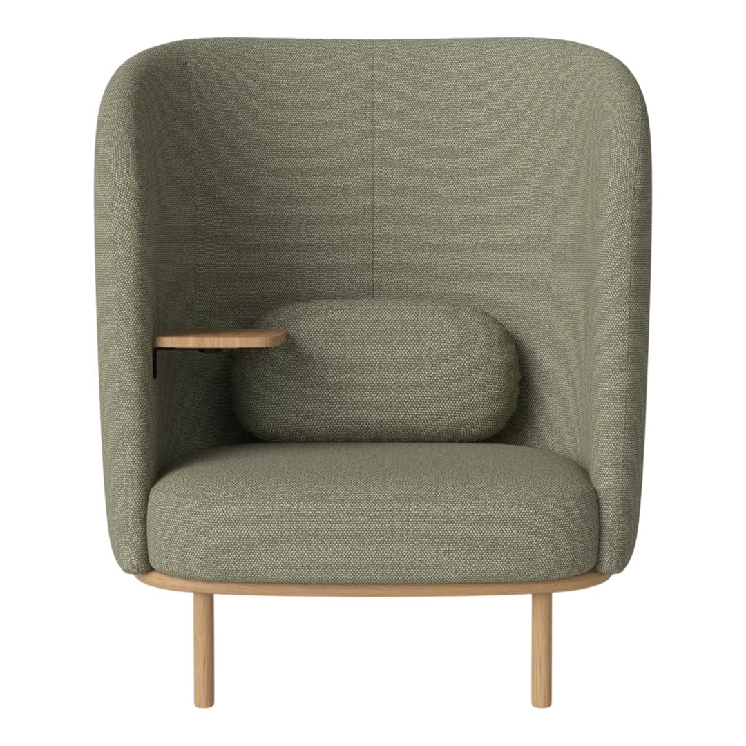 Modern high-back chair in muted olive green fabric with minimalist wooden accents and smooth, curved patterns.