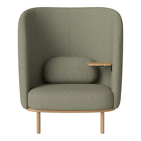 Green upholstered armchair with a rounded design and wooden legs, featuring a matching lumbar support cushion.