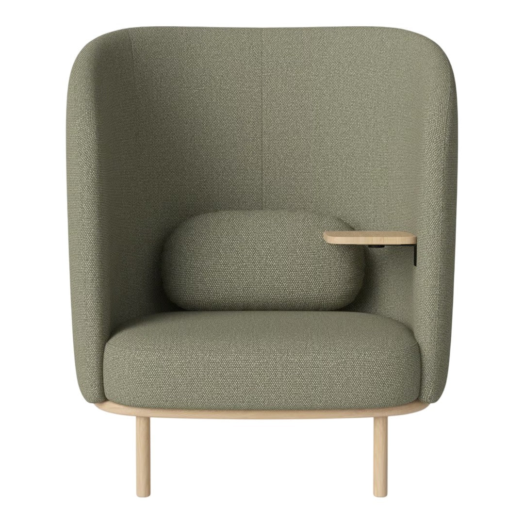 Green upholstered armchair with a textured pattern, featuring a rounded back and natural wood accents.