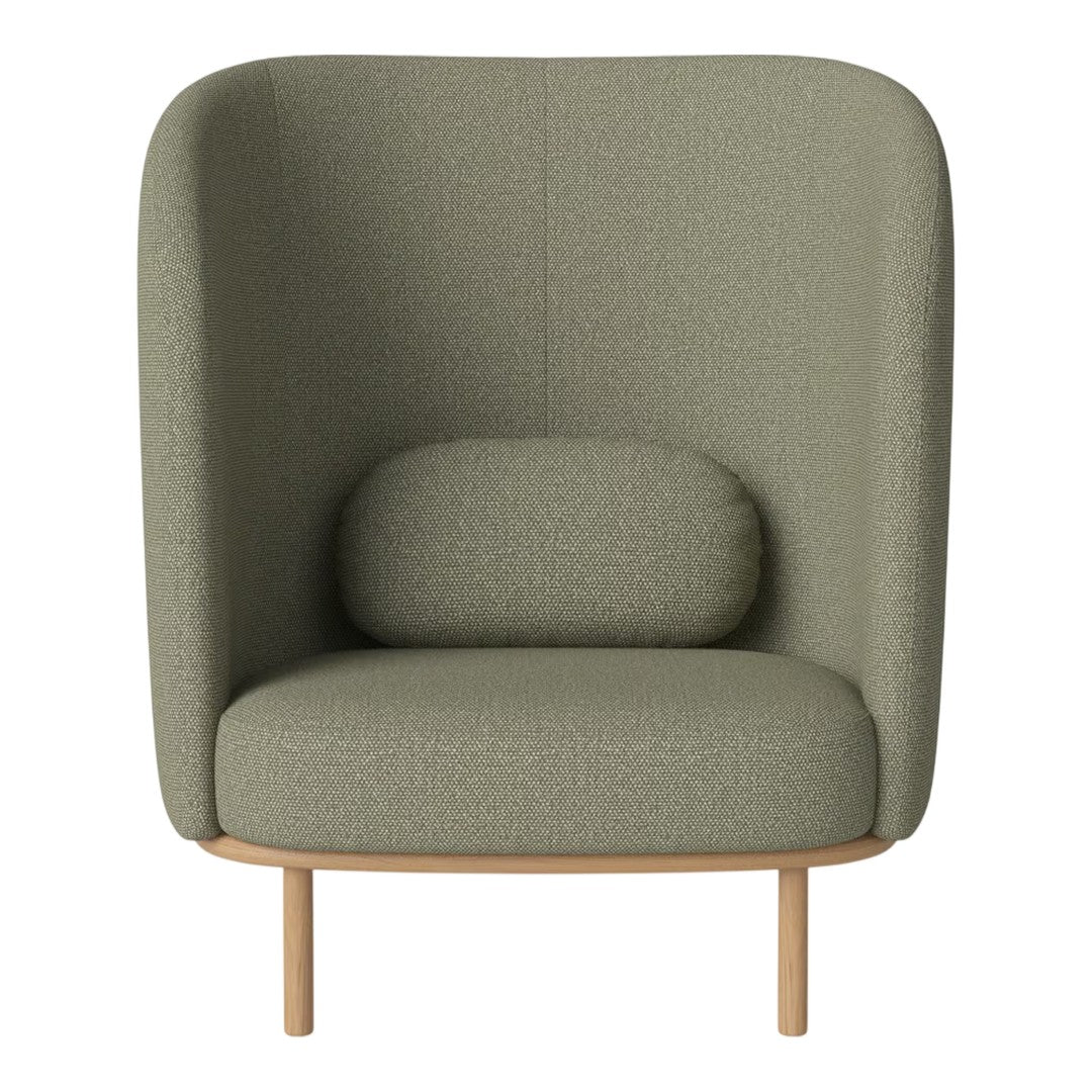 "Cozy green upholstered chair with a smooth texture and rounded backrest, featuring a minimalist wooden base."