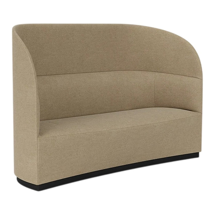 Curved beige upholstered sofa with sleek, modern design and subtle texture, featuring a contrasting black base.