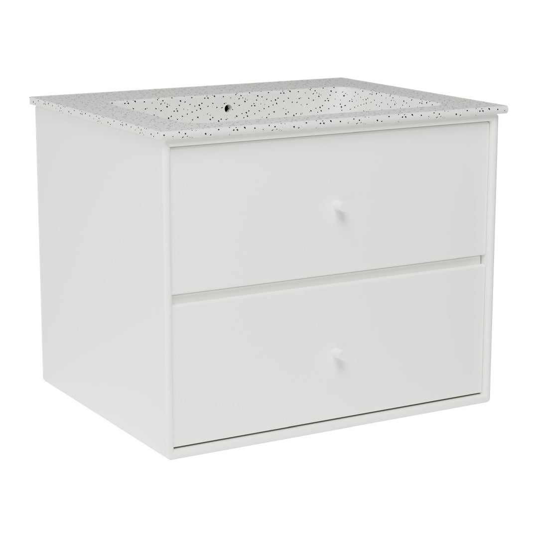 White bathroom cabinet with smooth surface and patterned top, featuring two matching drawers. Ideal for modern decor.