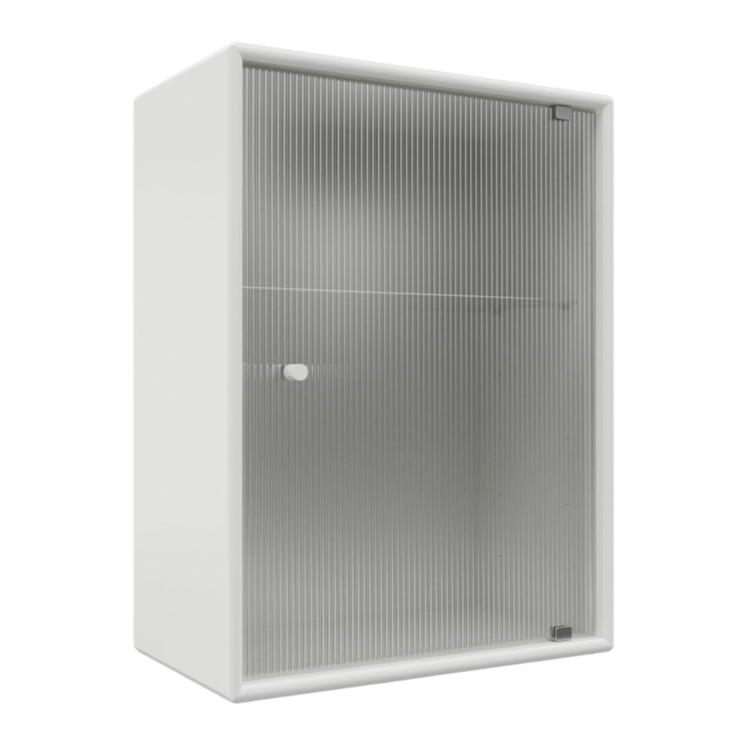White storage cabinet with a smooth finish and subtle ribbed pattern on the door. Minimalist design for modern spaces.
