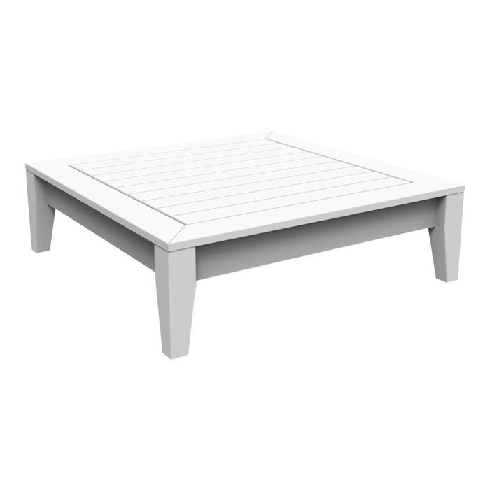 Square white coffee table with a slatted top and clean, modern design, perfect for indoor or outdoor use.