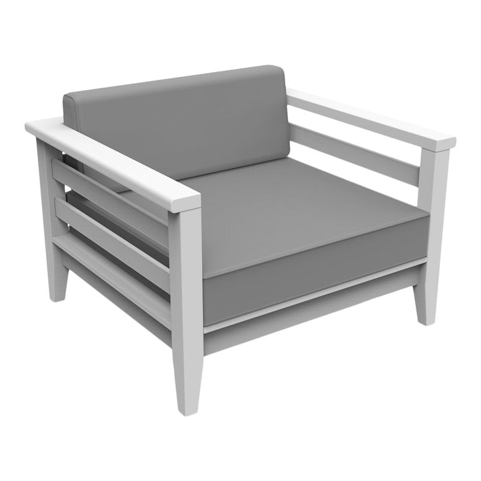 Gray cushioned armchair with a clean white wooden frame and a minimalist design. Perfect for modern decor.