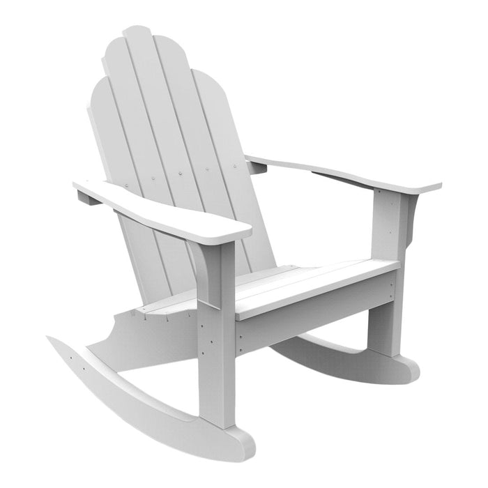 White wooden rocking chair with a classic slatted design and curved backrest, perfect for outdoor relaxation.