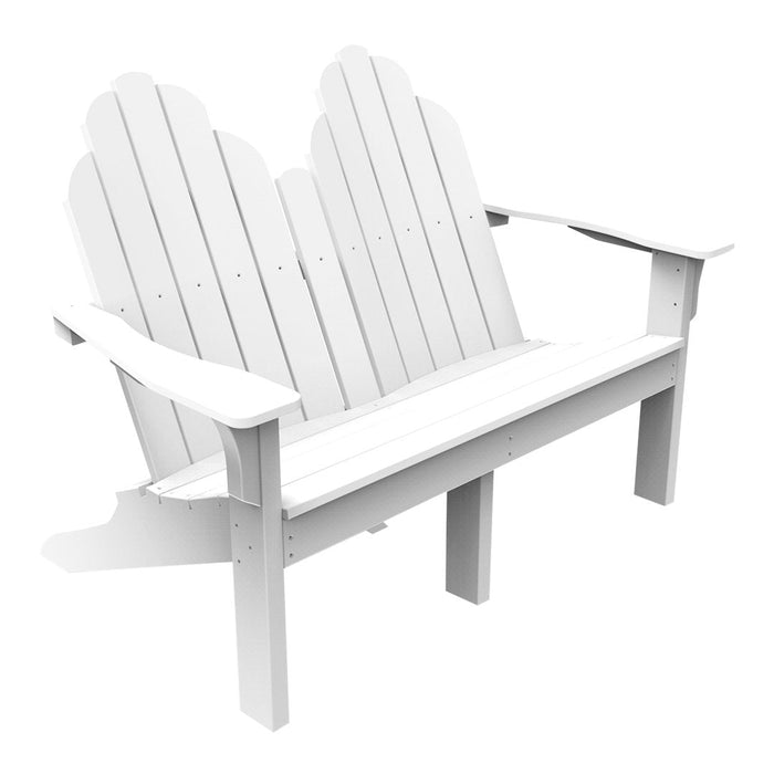 White wooden Adirondack loveseat with a classic slatted design and scalloped backrest. Perfect for outdoor settings.